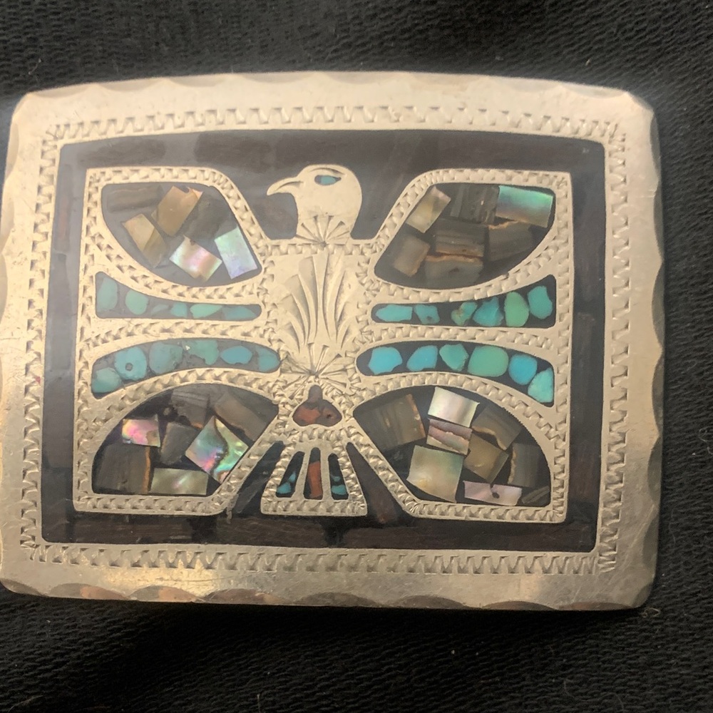 Southwestern Thunderbird Inlay Belt Buckle - Turquoise & Abalone